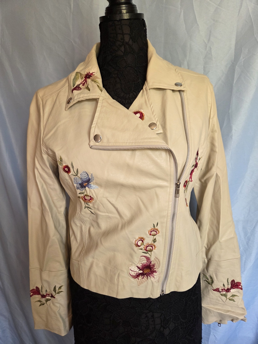 Blu Pepper Cream Floral Embroidered Leather Moto Jacket